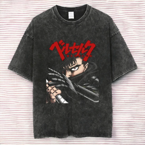 Mens Vintage Washed T Shirt Anime Graphic Retro Shirt