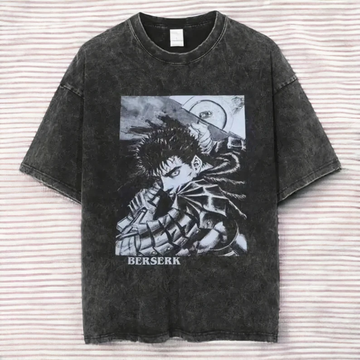 Mens Vintage Washed T Shirt Anime Graphic Retro Shirt