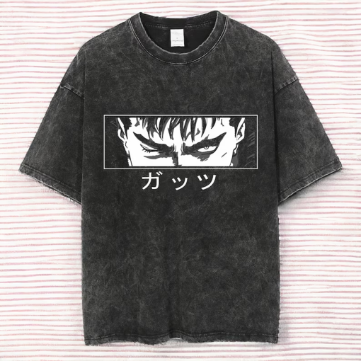 Mens Vintage Washed T Shirt Anime Graphic Retro Shirt