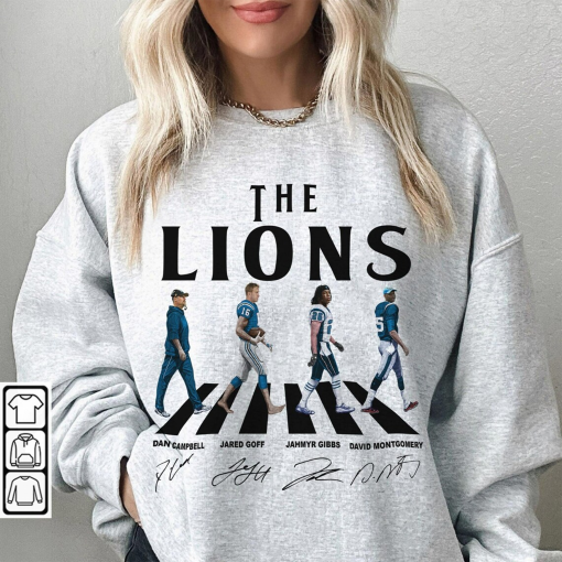 Lions Walking Abbey Road Signatures Football Shirt, Dan Campbell, Jared Goff, Jahmyr Gibbs, David Montgomery, Detroit Vintage