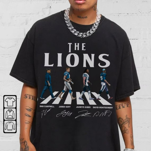 Lions Walking Abbey Road Signatures Football Shirt, Dan Campbell, Jared Goff, Jahmyr Gibbs, David Montgomery, Detroit Vintage