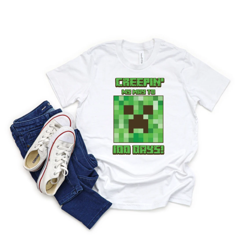 Minecraft Creepin’ My Way to 100 Days Shirt, Creeper Face Minecraft Shirt, 100 Days of School Minecraft Shirt, Minecraft Shirt for Kids