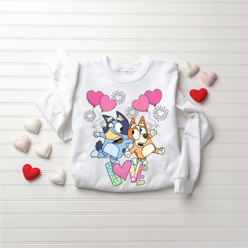 Bluey and Bingo Cute Valentine Sweatshirt, Couples Gift for Girlfriend Bluey Shirts, Dog Lover Couples Valentines Day T-Shirt