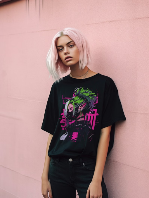 Cyberpunk Anime Girl T-Shirt | Futuristic Techwear Aesthetic | Japanese Harajuku Clothing | Kawaii Manga Shirt | Japanese Streetwear