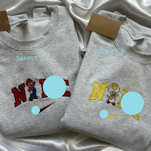 Embroidered Super Mario Star In Pocket Couple Roman Numeral Embroidered Sweatshirt, Custom Couple Sweater, Valentine’s Day, Couple Sweater