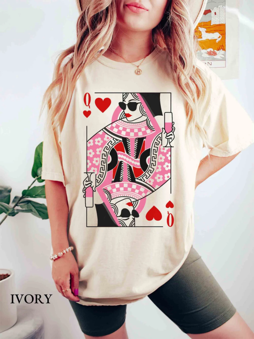 Queen Of Hearts Comfort Colors Shirt, Mothers Day Gift for Mom, Birthday Queen, Valentines Day Heart Tee, Groovy Floral Checker Graphic Tee