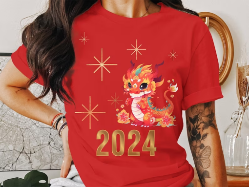 2024 Chinese New Year Dragon T-Shirt, Unisex Adult Floral Asian Dragon Tee, Vibrant Red Gold Graphic Shirt, Lunar New Year Gift