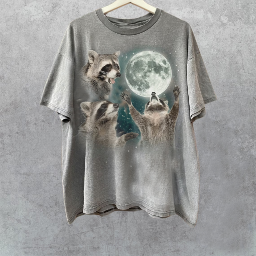 Three Raccoons Vintage Graphic T-shirts, Retro Raccoon Moon Tshirt, Raccoon Lovers, Funny Raccon Tee, Oversized Washed Tee, Raccoon Gifts