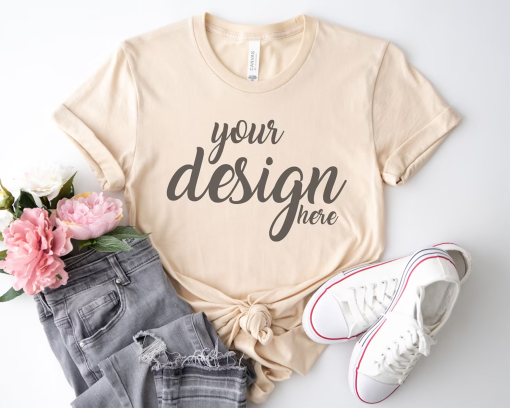 Boho Bella Canvas 3001 Soft Cream Shirt Mockup modern Tshirt Mock Up Styled Stock Photo Tee Mockup SVG Sublimation JPG Digital Download