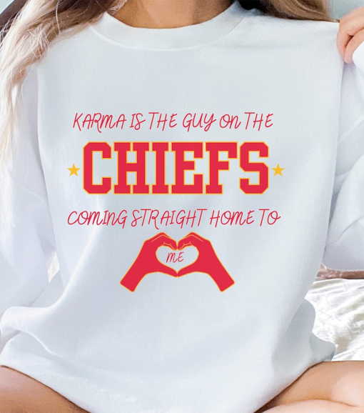 Karma Is The Guy On The Chiefs Shirt, Chiefs Shirt, Kansas City Football T-Shirt, Chiefs Fan Gift, Chiefs Jersey, KC Football Tee Her