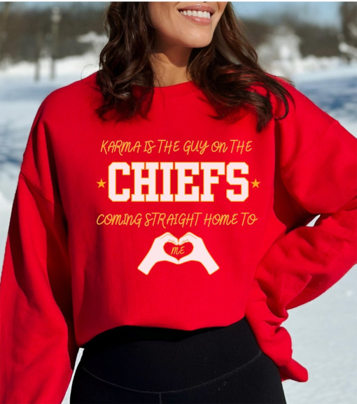 Karma Is The Guy On The Chiefs Shirt, Chiefs Shirt, Kansas City Football T-Shirt, Chiefs Fan Gift, Chiefs Jersey, KC Football Tee Her