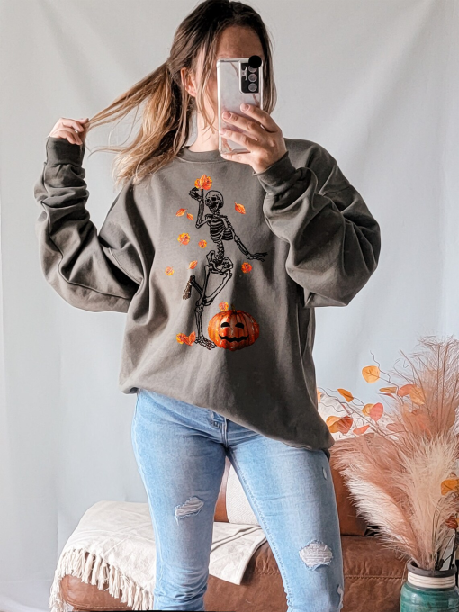 Fall Sweatshirt, Halloween Sweatshirt, Skeleton Sweatshirt, Fall Sweatshirt For Women, Pumpkin Tshirt, Plus Size Clothing, Comfortable Top