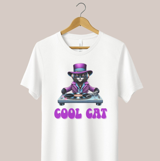 Cool Cat Shirt, Retro Groovy Cat DJ Tee, Cute Vintage 70s Style T-shirt, Cool Cat, Trendy 1970s Fashion, Hippie Vibes, Benefits Rescue