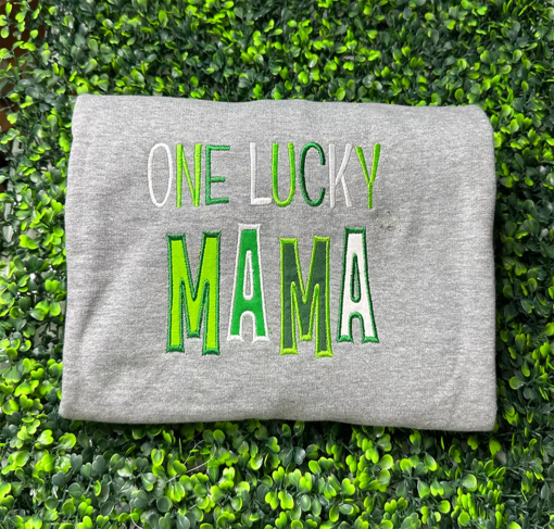 lucky mama embroidered sweater, st patrick’s day embroidery, lucky mama, luckiest mama, mama embroidered sweater, keepsake sweater