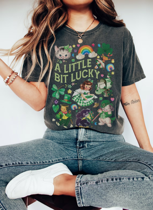 A Little Bit Lucky St. Patrick’s Day Vintage Collage 1950’s Style Art Super Comfort Heavyweight Premium Tees | Unisex Sizing