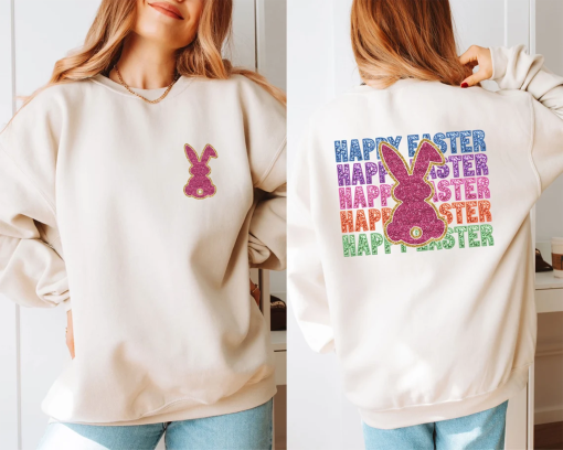 Glitter Easter Bunny Sweatshirt, Easter Sweatshirt Women, Easter Rabbit Crewneck ,Easter Gifts for Her, Spring Pullover, Natural Crewneck