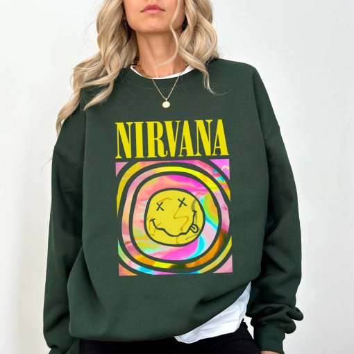 Nirvana Sweatshirt, Nirvana Happy Face Sweatshirt, Women Kids Nirvana Sweater Rock Band Happy Face Crewneck, Cool Sweat Gift Valentine’s Day