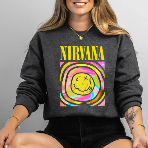 Nirvana Sweatshirt, Nirvana Happy Face Sweatshirt, Women Kids Nirvana Sweater Rock Band Happy Face Crewneck, Cool Sweat Gift Valentine’s Day