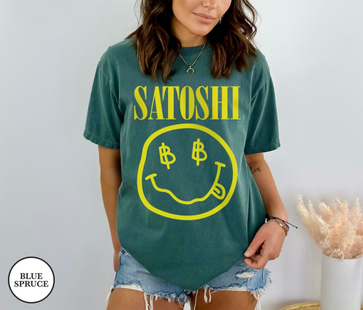 Comfort Colors® Satoshi Nirvana Smiley Face Unisex T-Shirt, Satoshi Nakamoto, Kurt Cobain, Bitcoin, Nirvana, Unisex Garment-Dyed T-shirt