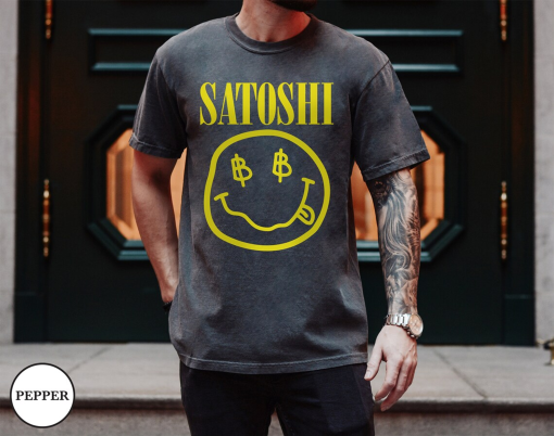 Comfort Colors® Satoshi Nirvana Smiley Face Unisex T-Shirt, Satoshi Nakamoto, Kurt Cobain, Bitcoin, Nirvana, Unisex Garment-Dyed T-shirt