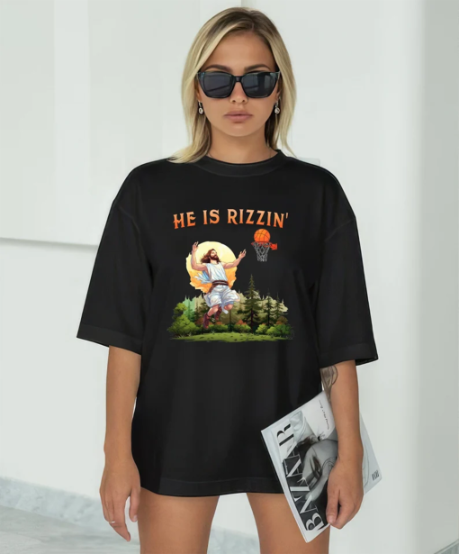 He is Risen Funny Easter Shirt of Jesus Playing Basketball, Retro Y2K Christian Faith Religious Graphic Tee, Weirdcore Clothing That Go Hard