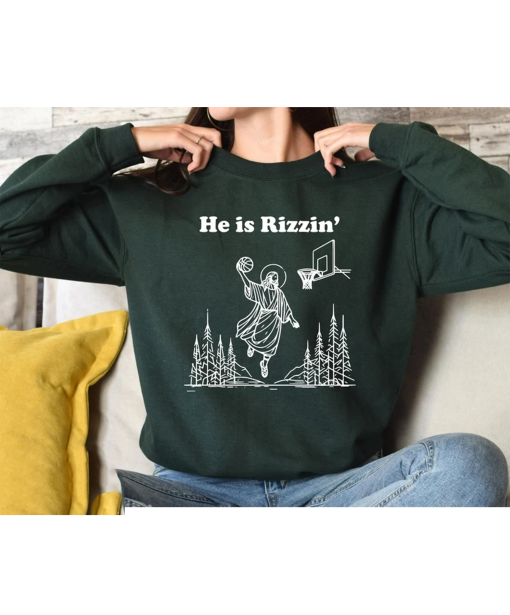 He Is Rizzin’ Sweatshirt, Funny Easter Sweatshirt, Christian Sweatshirt, Religious Sweatshirt, Jesus Basketball Easter Shirt, Easter Gift