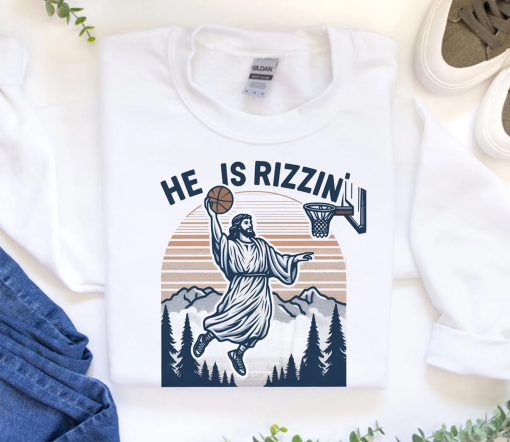 Jesus Basketball Easter Shirt – Jesus He Is Rizzin’ Funny Religious Graphic Tee, Y2K Retro Faith Apparel, Aesthetic Gift for Believers