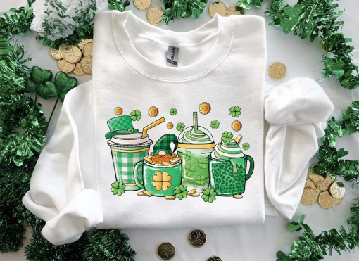 St Patricks Coffee Cups Sweatshirt, Gnome Shamrock St Patricks Day Coffee Lover Gift, Lucky A Latte Sweatshirt,Lucky Coffee Lover Sweatshirt