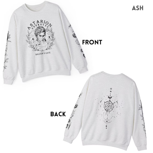 4-sided Astarion Sweatshirt, Baldurs Gate Sweatshirt with designs on front, back and both sleeves, BG3 sweatshirt, Astarion Approves