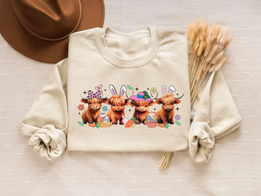 Easter Baby Highland Cow Shirt, Funny Easter Sweatshirt, Highland Cow Easter Sweater, Retro Easter Shirt ,Cute Easter Day Gift for Farmer