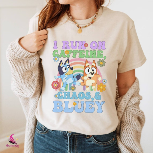 Running on Caffeine Chaos and Bluey Mom Shirt, Chilli Heeler Shirt, Mom Bluey Shirt, Mama Shirt, Chilli Heeler Bluey Family Shirt