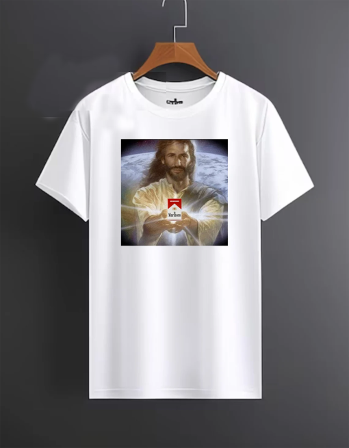 Jesus Holding Cigarettes | Marlboro | Funny Meme T-Shirt | Oddly Specific Shirt | Weird Shirt