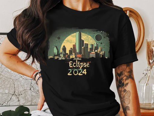 Vintage Dallas Skyline 2024 Eclipse Graphic T-Shirt, Urban Cityscape Tee, Retro Travel Shirt, Texas Eclipse 2024 Gift,