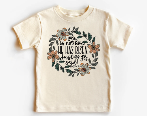 Kids Easter Shirt – He is not Here He has Risen.. Kids Retro TShirt – Easter Retro Natural Infant, Toddler & Youth Tee