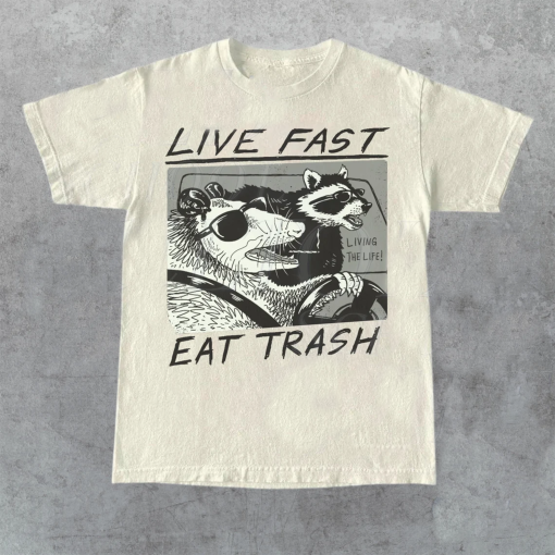 Vintage Opossum Live Fast Eat Trash 90s Style Graphic T-Shirt, Retro Raccoon Shirt, Trendy Shirts, Adult Unisex Relaxed Shirt, Washed Tee