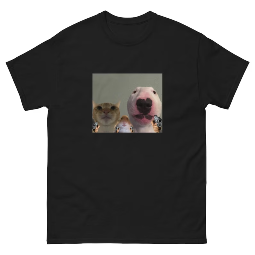 Cat, hamster and dog gang: silly t-shirt, funny t-shirt, cat meme, hamster t-shirt, funny dog ​​t-shirt, meme t-shirt, meme gang tshirt