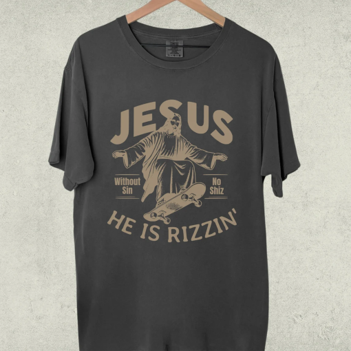 He is Rizzin’ Funny Graphic Tee, Religious Easter Shirt of Jesus Skateboarding, Christian Church T-shirt Gift He is Risen Weird Gen z tshirt