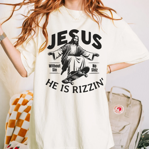 He is Rizzin’ Funny Graphic Tee, Religious Easter Shirt of Jesus Skateboarding, Christian Church T-shirt Gift He is Risen Weird Gen z tshirt