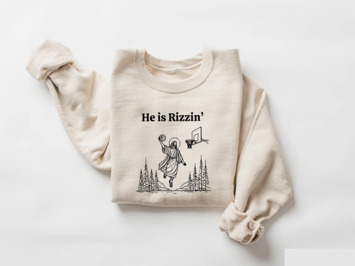 He Is Rizzin’ Sweatshirt, Funny Jesus Shirt, Retro Christian Religious Tee, Funny Jesus Playing Basketball Crewneck, Retro Y2K Christian Tee