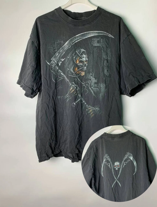 ROCK Shirt Grim Reaper Biker 2 Sided Tee Shirt Sz XL Black Graphics