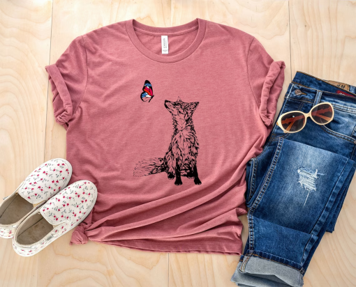 Fox and Butterfly Shirt, Pure Cotton, Nature Top, Hand Drawn Graphic Tee, Fitted Shirts for Women, Fox and Butterfly