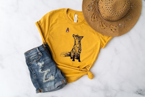 Fox and Butterfly Shirt, Pure Cotton, Nature Top, Hand Drawn Graphic Tee, Fitted Shirts for Women, Fox and Butterfly