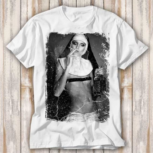 Naked Nuaghty Smoking Nun T Shirt Best Seller Funny Movie Gift Music Meme Top Tee 4181