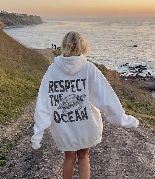 Respect The Ocean Hoodie – Ocean Surf Hoodie Words On Back Turtle Sweatshirt Oversize Hoodie