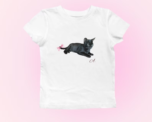 Cat with bow preppy baby tee, coquette clothing, 90s Style Full Length Baby Tee for Women, Pinterest Aesthetic Clothing, Cat lover tshirt