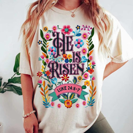 He is Risen shirt, Matthew 28:6, Retro Easter shirt, Easter Christian shirt, Easter bible verse shirt,Christian Easter Spring Floral Embroidered shirt