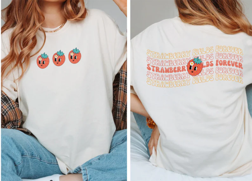 Strawberry Fields Forever Front And Back Comfort Colors Graphic Tee, Retro Smiley Strawberry Vintage Vibe Short Sleeve Shirt