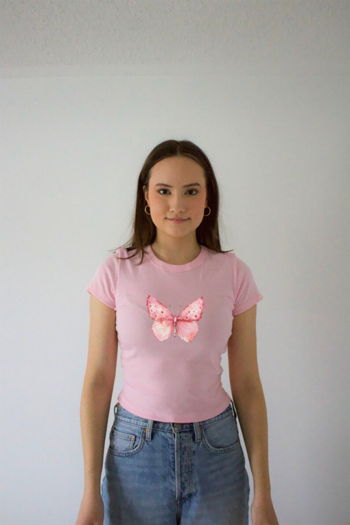 Pink Butterfly Womens crop top, Y2k, Vintage-inspired, TikTok Inspired, Birthday Gift Idea, Gen Z