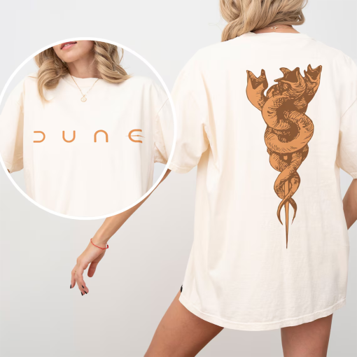 Dune Sandworm Graphic T-Shirt, Front Back Logo Poster Art Tee Shirt, Timothee Chalamet Zendaya Paul Atreides, Dune Movie Merch Memorabilia