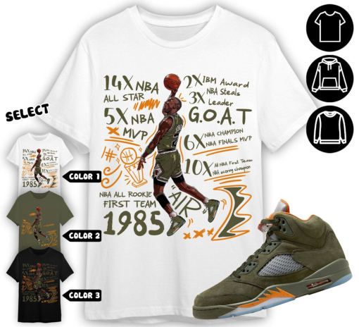 MJ Accolades Sneaker Unisex Tees Jordan 5 Olive Military Green Cartoon 90s Sweatshirt to match Sneaker, Outfit back to school Hoodie